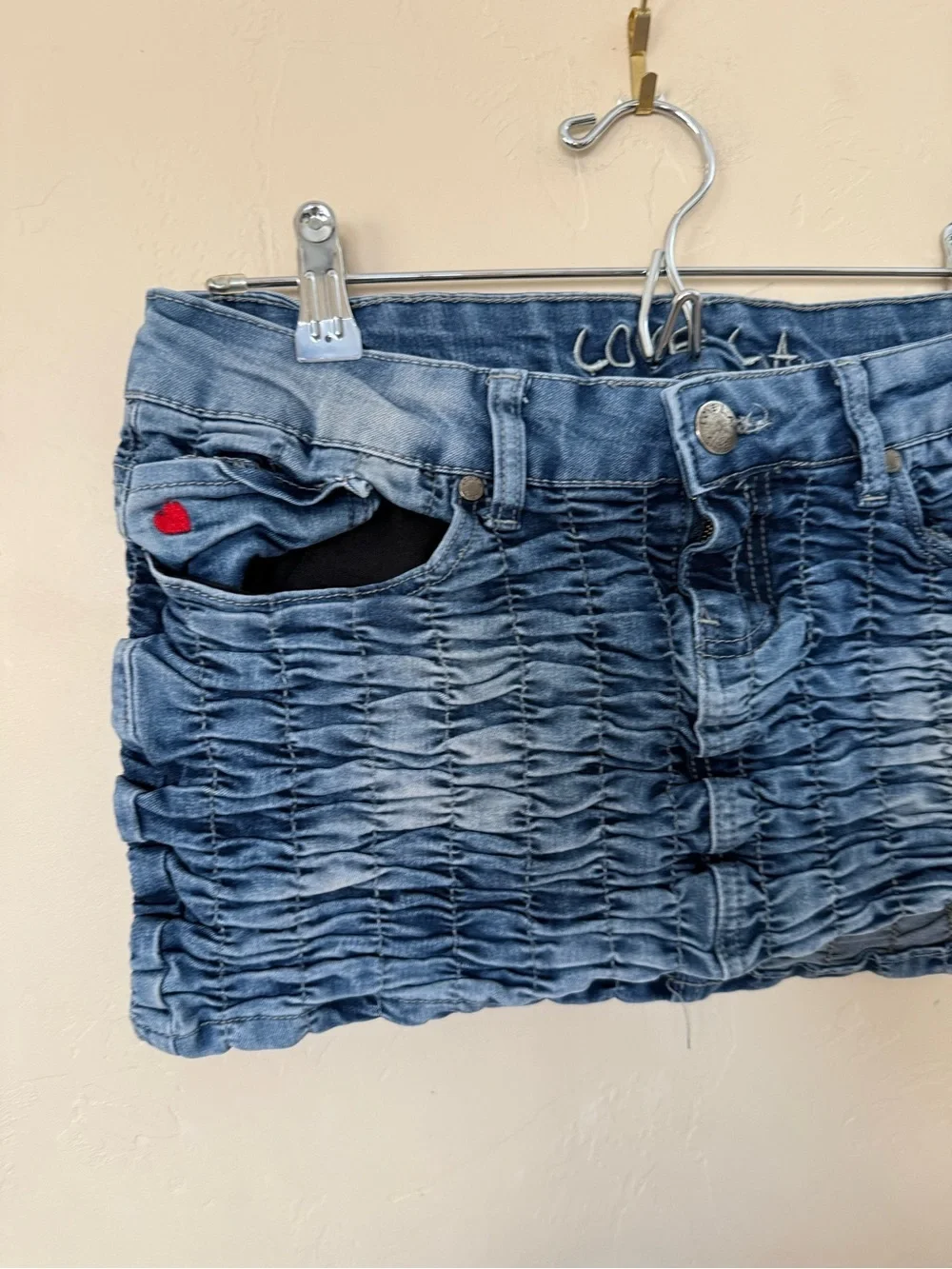Love LA Ruched Denim Mini Skirt | Size 7 | Y2K Low Rise Micro Mini